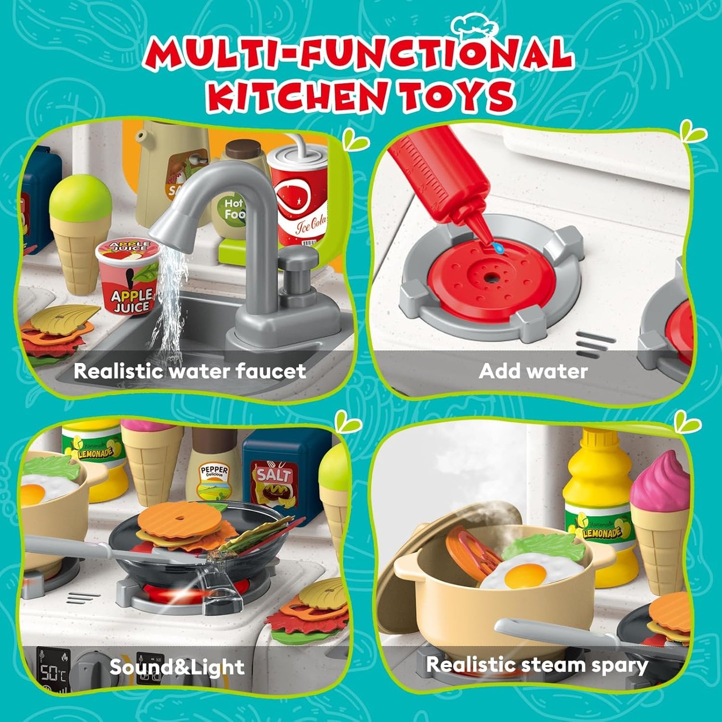 Kids Kitchen Playset for Toddler with Sound & Light, Cooking Stove with Steam, Play Sink and Toy Kitchen Accessories for Toddlers Kids Boys Girls (Green)