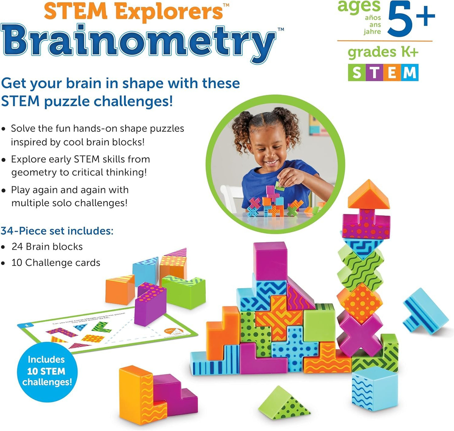 Learning Resources STEM Explorers Brainometry - 34 Pieces,Ages 5+ STEM Toys for Kids, Brain Teaser Toys and Games, Kindergarten Games
