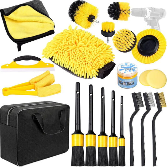 20 Piece Car Cleaning Set for Indoor and Outdoor Car Wash Set with Brushes, Polishing Sponges, Cleaning Gel and More Handy Carry Bag Included