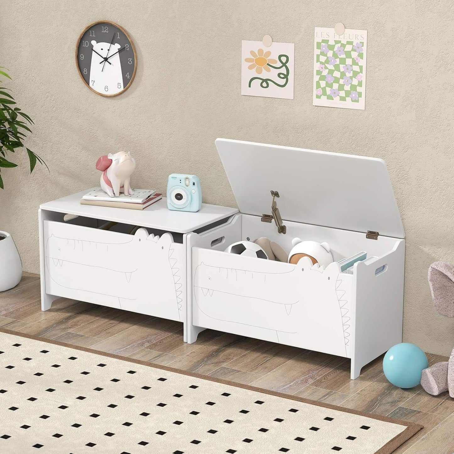 HONEY JOY Kids Toy Box Storage Chest, Wooden Trunk Bench w/Safety Hinge, Children Storage Cabinet w/Handles, Flip-Top Home Organiser Toy Bench Box for Kid’s Room Playroom Bedroom Living Room (White)