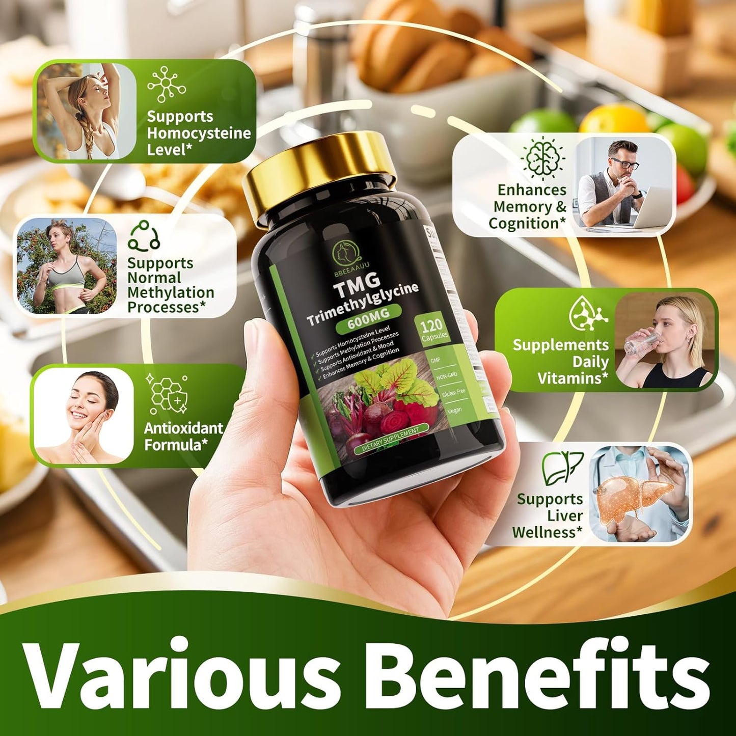 TMG Supplements - Trimethylglycine Capsules, Betaine Anhydrous 600mg, with Ginkgo & Vitamin B6, Supports Methylation, Liver Wellness & Cognitive, Non-GMO, Vegan, Blood Orange Flavor 120 Count