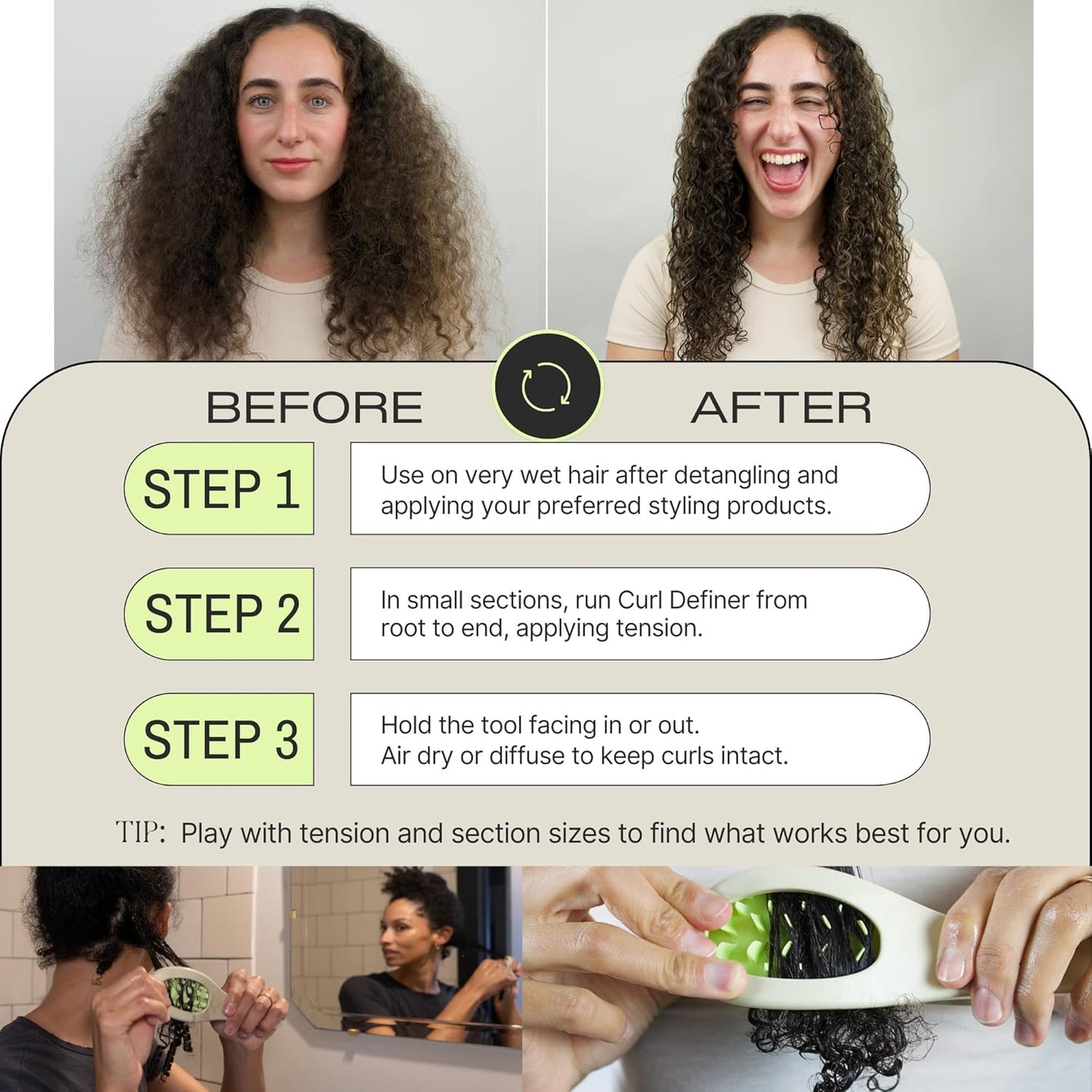 Curl Definer - Curl Defining Styling Brush for Adults And Kids, Heatless Wet Styling Curly Hair, Gentle, Reduces Breakage, Magnetic Wall Mount Dock Included