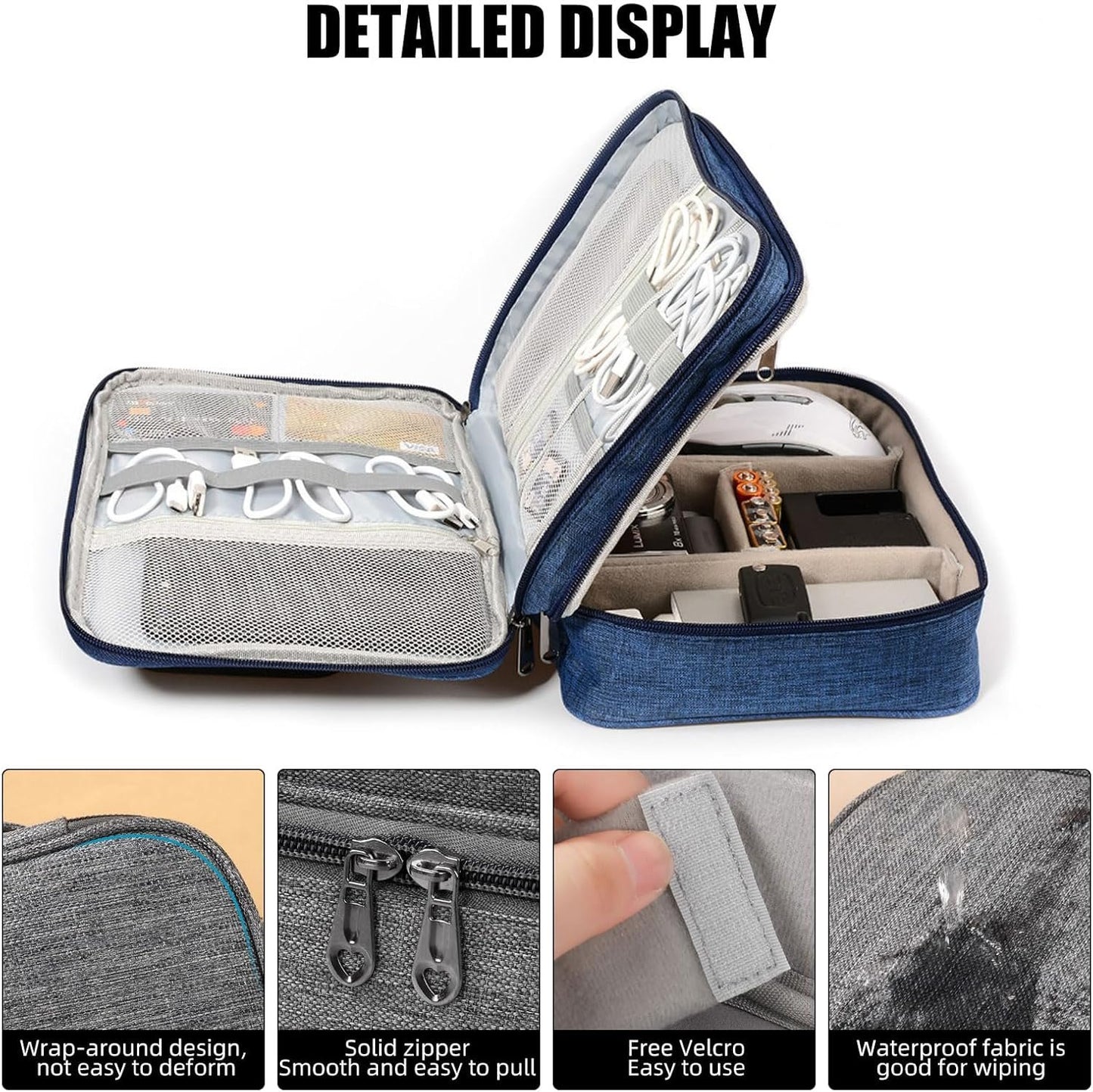 Portable Double-Layer Electronic Accessory Bag Sorting Bag - Waterproof Digital Storage Bag for Travel, Oxford Cloth Material, Large Capacity with Detachable Partition (Black + Blue)