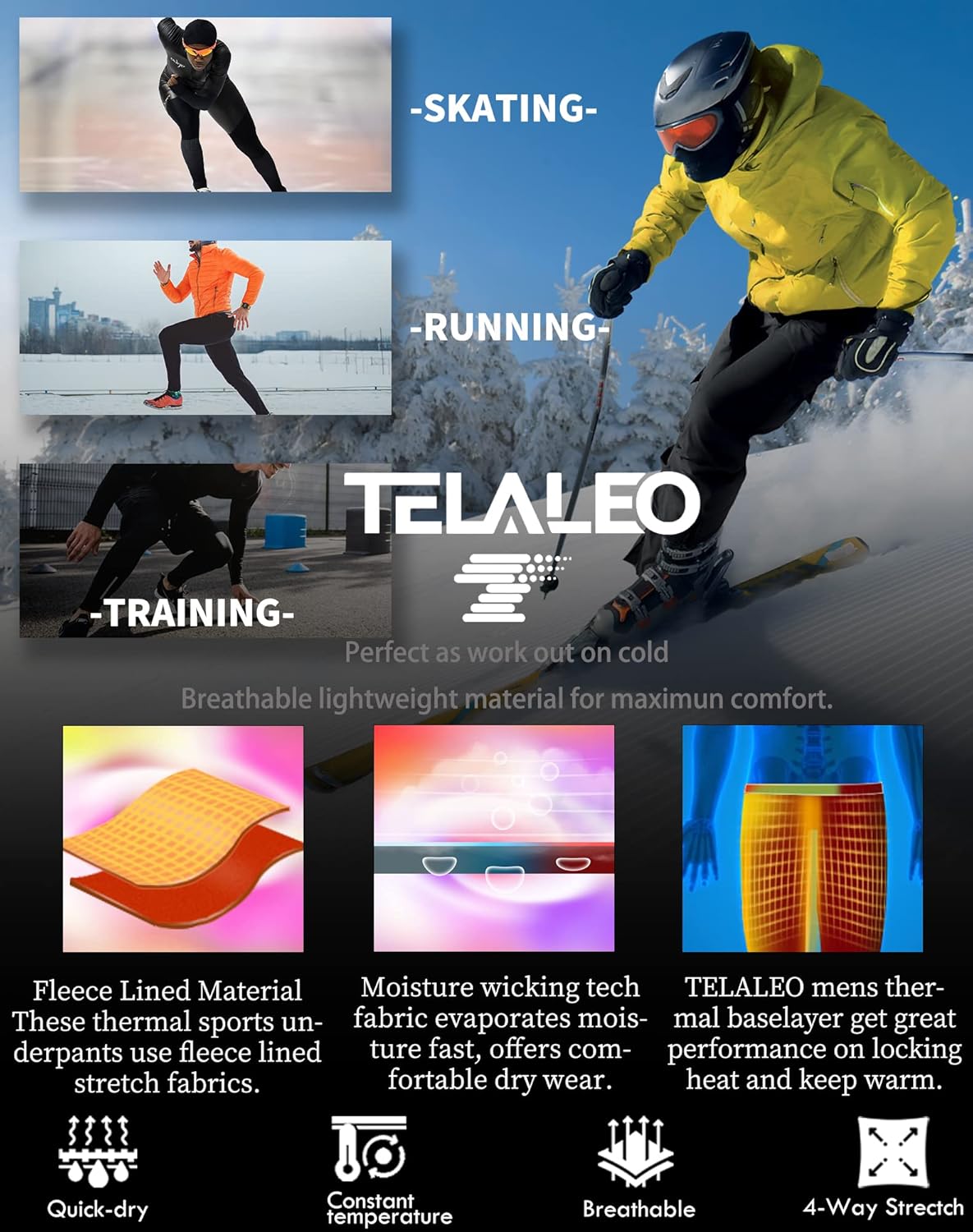 TELALEO 3 Pack Men's Thermal Compression Pants Fleece Lined Sports Tights Athletic Leggings Cold Weather Baselayer Winter Gear