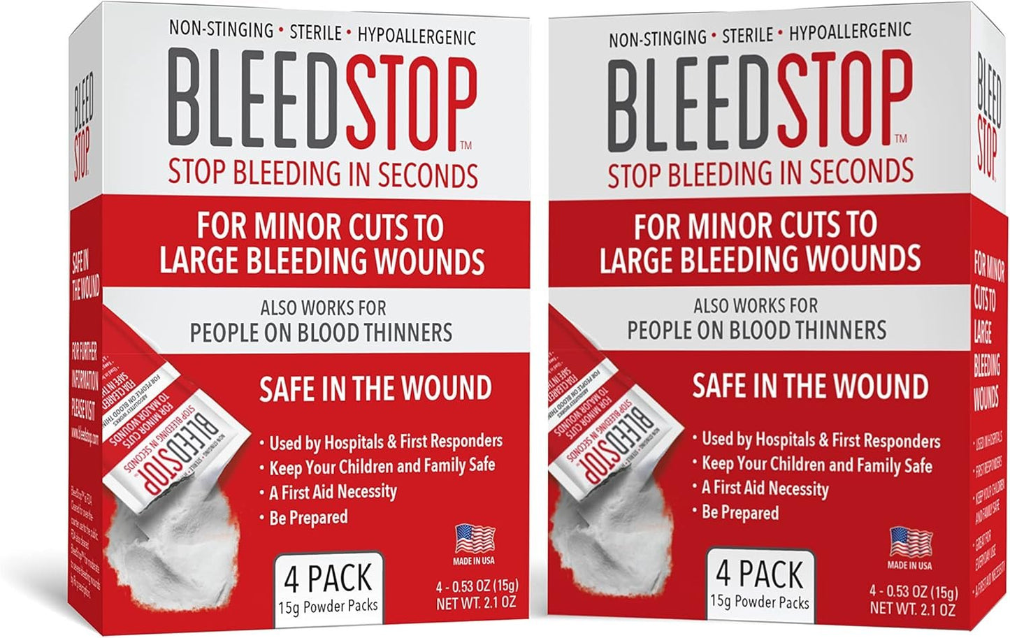 BleedStop First Aid Powder for Blood Clotting, Trauma Kit, Blood Thinner Patients, Camping Safety, and Survival Equipment for Moderate to Severe Bleeding Wounds or Nosebleeds (Double 4 Pack 15g)
