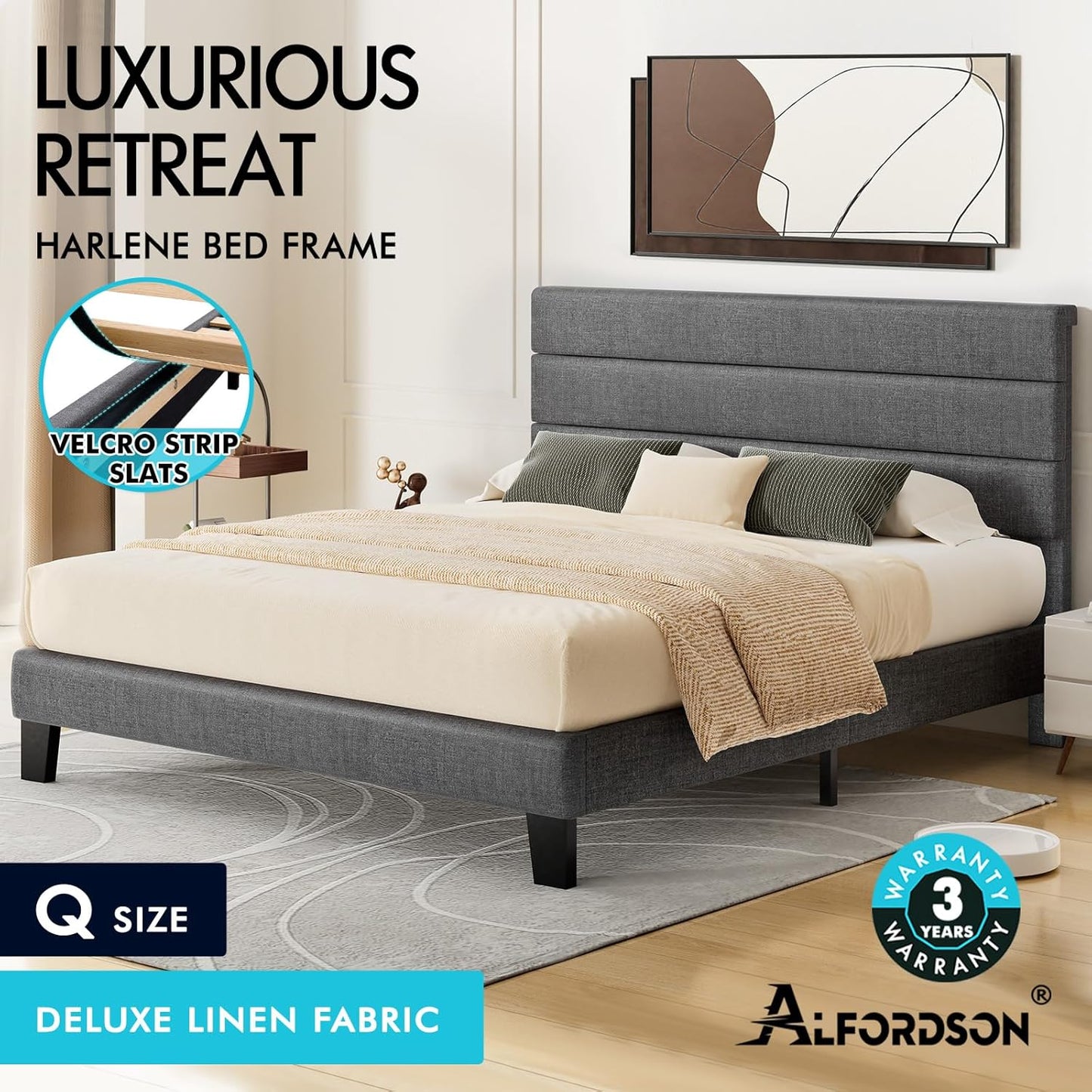 ALFORDSON Bed Frame Base Queen Size with Headboard, Bed Platform Foundation with Linen Fabric Upholstered for Mattress Topper, Harlene Series Fabric Grey