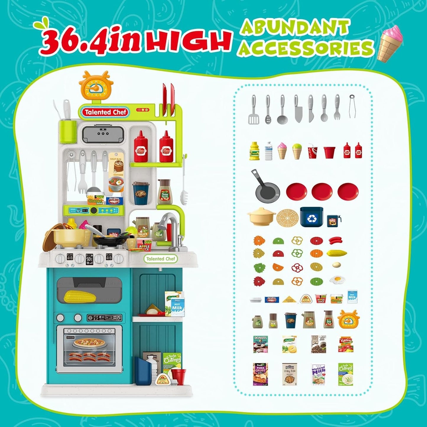 Kids Kitchen Playset for Toddler with Sound & Light, Cooking Stove with Steam, Play Sink and Toy Kitchen Accessories for Toddlers Kids Boys Girls (Green)