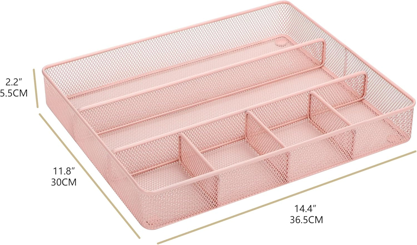 Annova Desk Drawer Organizer Tray for Office Organization - Metal Mesh - Storage Tray with Dividers for Pens, Desktop Accessories, Bathroom, Kitchen, Makeup and Office Supplies (Large) (Light Pink)