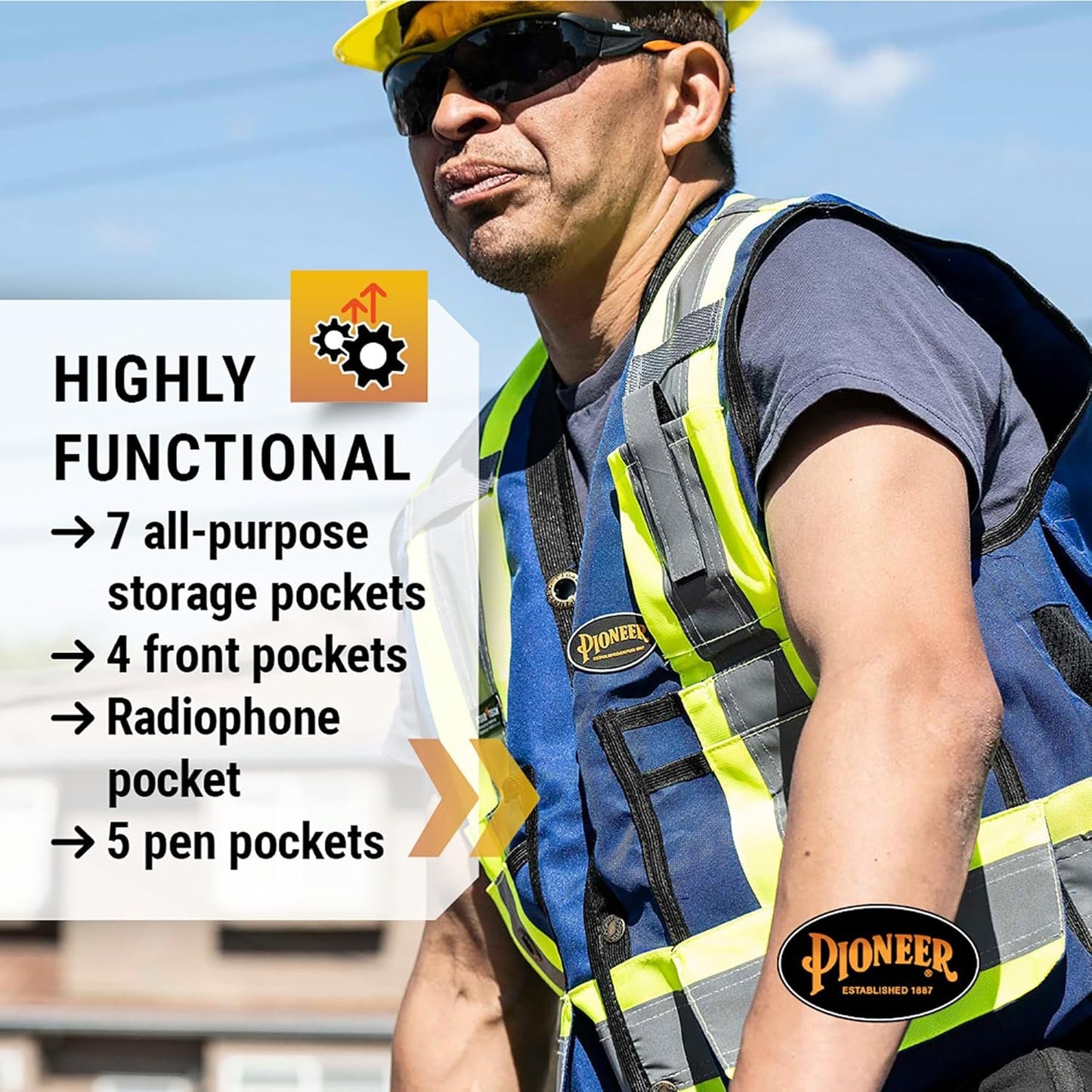 Pioneer Hi Vis Surveyor's Safety Vest - Engineer Style - Breathable Mesh & Reflective Tape - 7 Pockets - Royal Blue