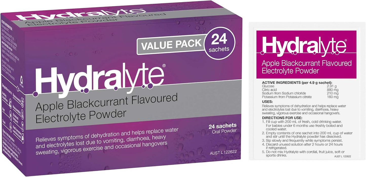 Hydralyte Electrolyte Powder Apple Blackcurrant Flavoured 24 Packs