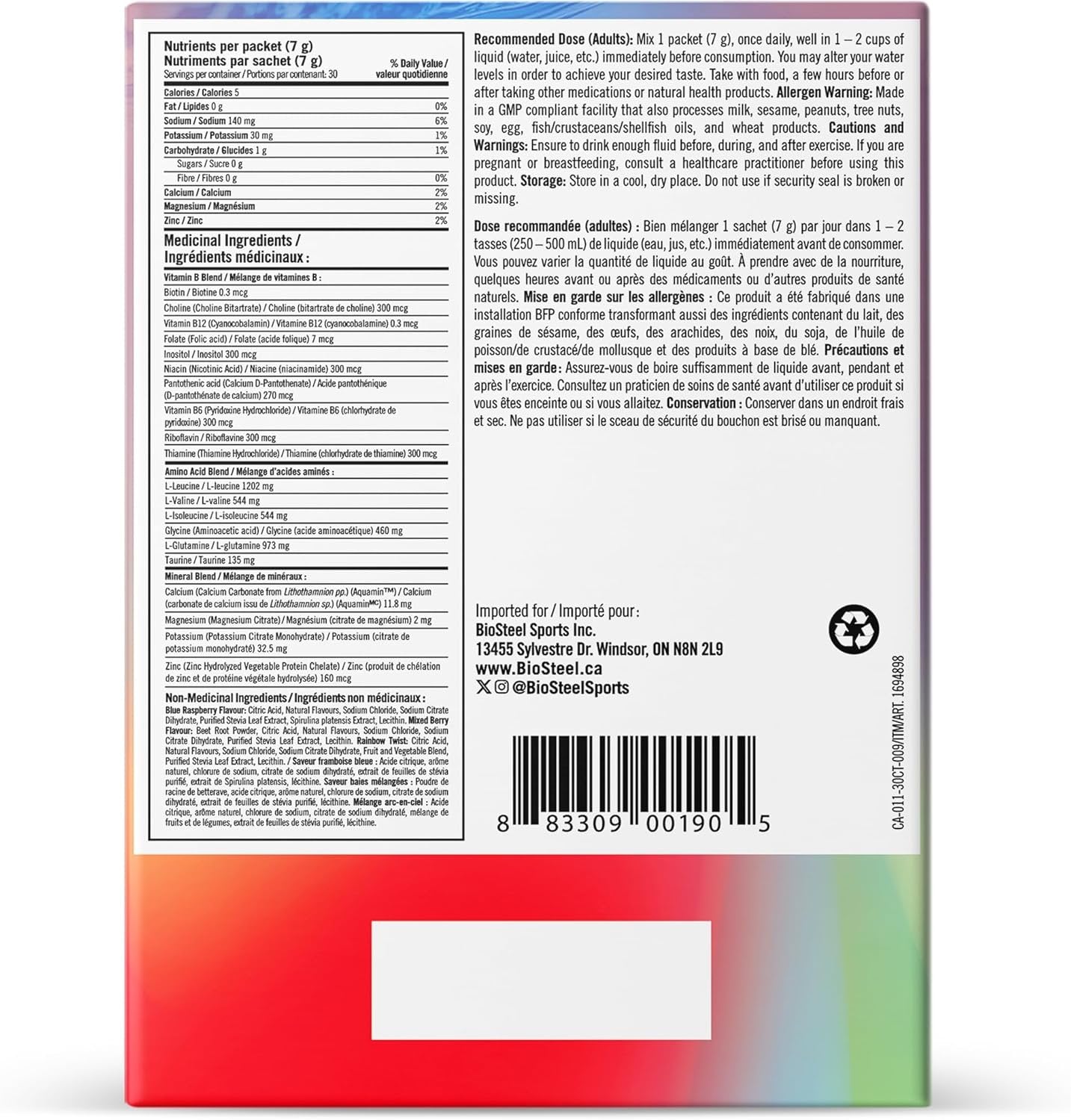 BIOSTEEL Zero Sugar Sports Hydration Mix Variety - Mixed Berry, Rainbow Twist & Blue Raspberry Flavours, 30 Packets
