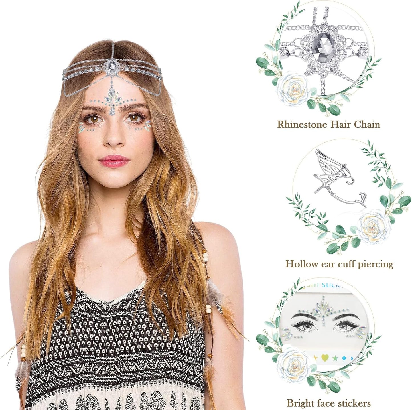 Elf Hair Accessories Boho Women Elf Ears Earrings Silver Hair Jewelry Tiara Elf Crystal Glitter Make Up Stickers Glitter Face Glitter Accessories Headwear Halloween Costume Cosplay, Metal
