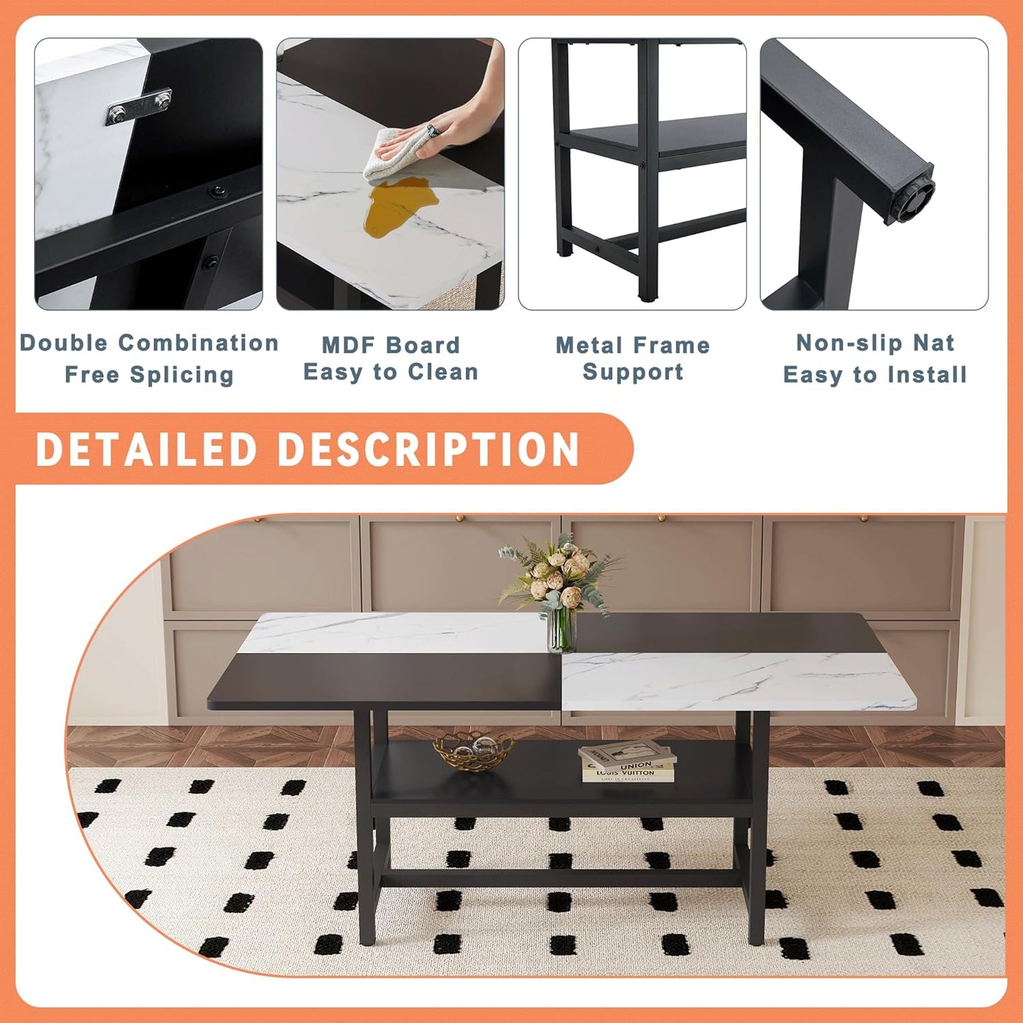 Dinner Table Set for 6, 71" Modern Dining Table Set for 6, Black and White Splicing Tabletop with Storage Shelf, Faux Marble Dining Table and 6 Upholstered Chairs for Kitchen, Dining Room