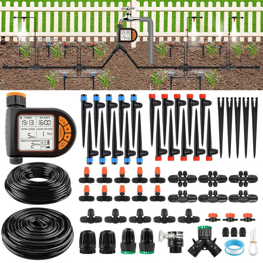 207 piedi Kit Irrigazione a Goccia Automatica con Timer l'Acqua, Kalolary Sistema Irrigazione Giardino Regolabile 1/4" 1/2" con Tubi 4/7 16 mm Sistema Irrigazione Automatica Micro Goccia Prati Cortili
