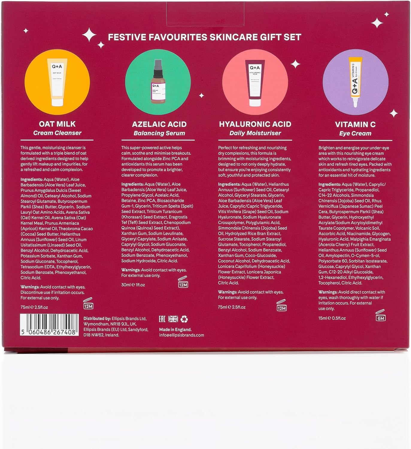 Q+A Festive Favourites Skincare Gift Set with Hyaluronic Acid Moisturising Cream, Cleanser Cream, Azelaic Acid Serum and Eye Contour Serum