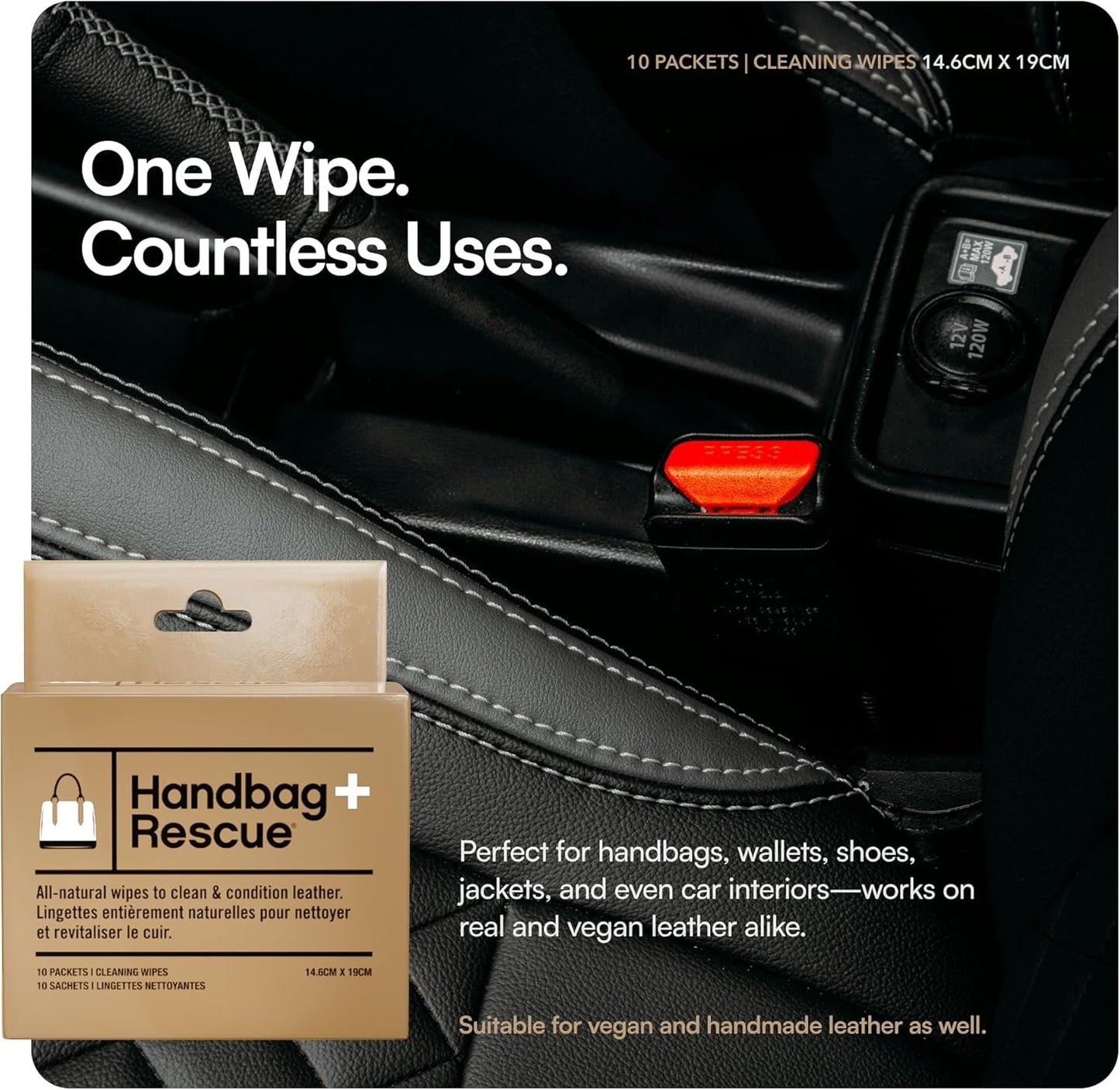 HandBagRescue All-Natural Cleaning Wipes | 10 Individually Wrapped Wipes | Instantly Remove Dirt & Surface Stains & Condition Leather Handbags & Purses with Essential Oils
