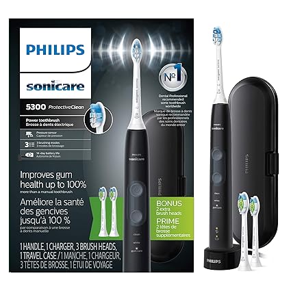 Philips Sonicare ProtectiveClean 5300 Rechargeable Electric Toothbrush, with Pressure Sensor, 3 Cleaning Modes, SmarTimer and QuadPacer, with 2 Bonus Brush Heads, Travel Case, Black, Model