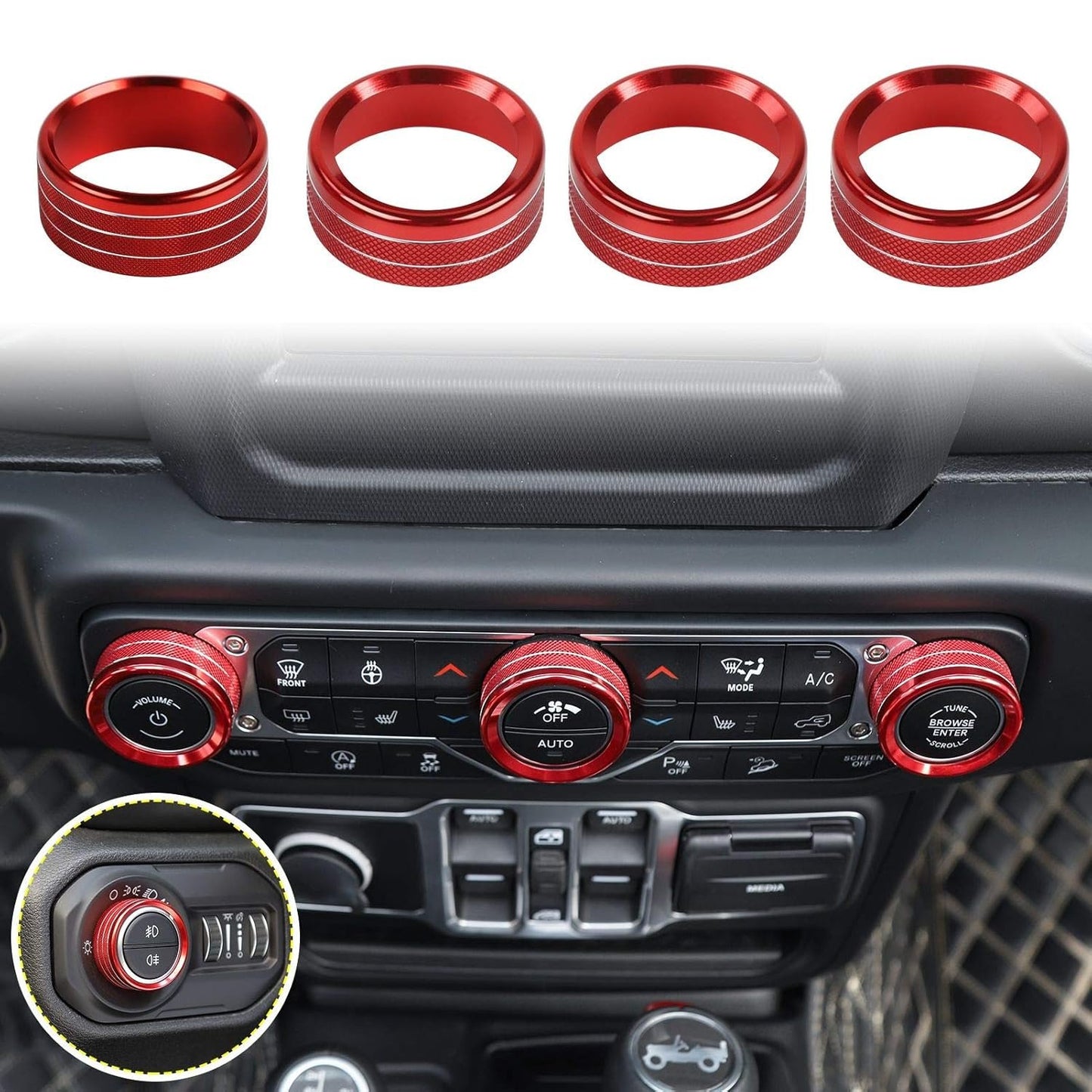 Voodonala Air Conditioner Headlight Center Consoles Switch Knob Cover Trim for 2018-2025+ Jeep Wrangler JL JLU Gladiator JT 4XE Interior Accessories, Red Aluminum Alloy 4pcs