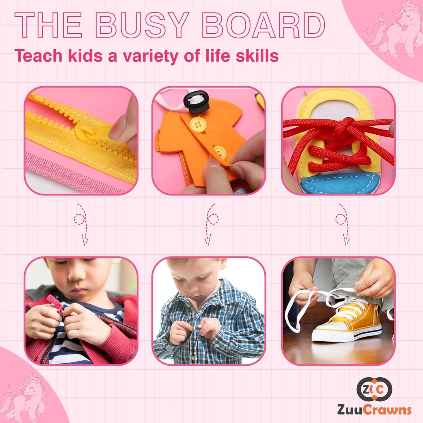 ZuuCrawns Montessori Busy Board Travel Toys for Toddlers 1-3 for Plane - Preschool Learning & Education Toys for 3 Year Old boy & Girl - Sensory Busy Book with Zipper & 3 Detachable Page