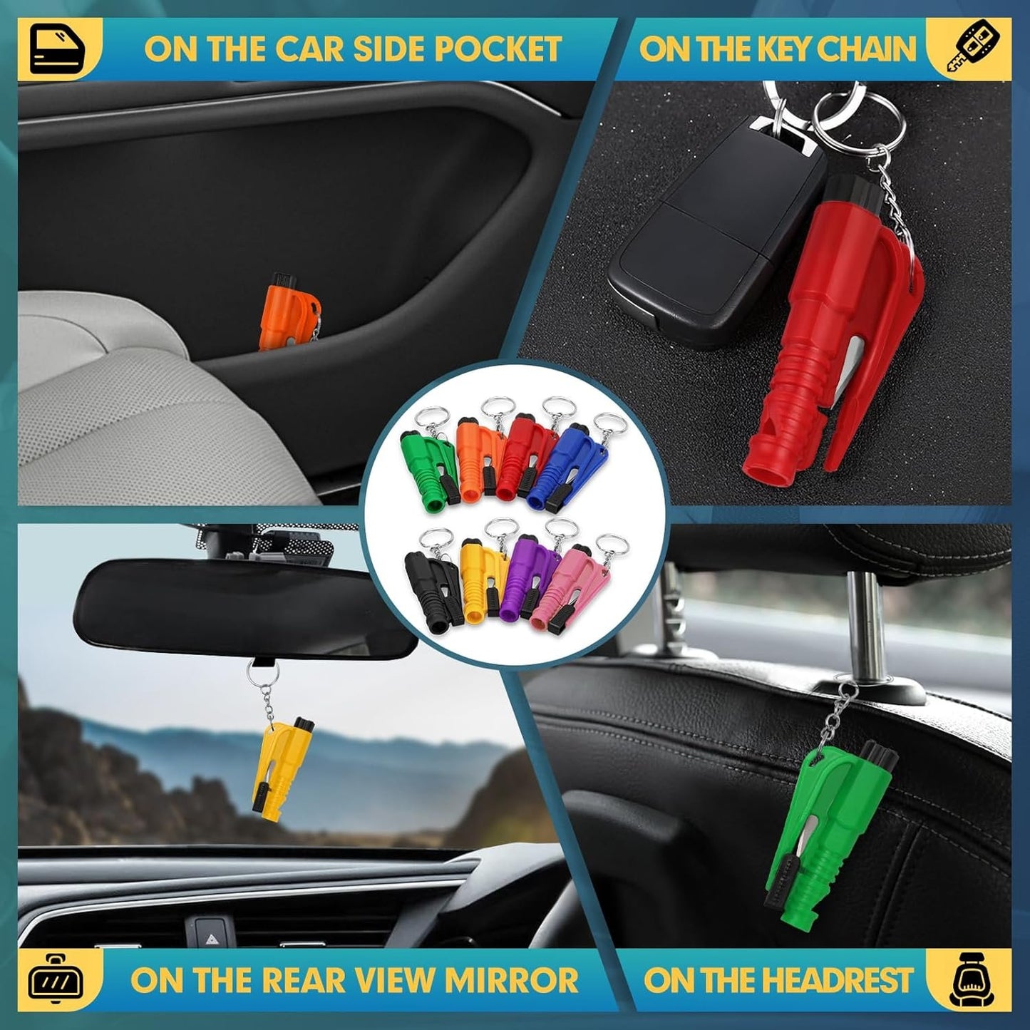 NINEMAX Car Window Breaker Seatbelt Cutter, Pack of 8 Glass Breaker Keychain, 3 in 1 Car Escape Tool Safety Emergency Hammer Window Punch Tool Underwater Rescue