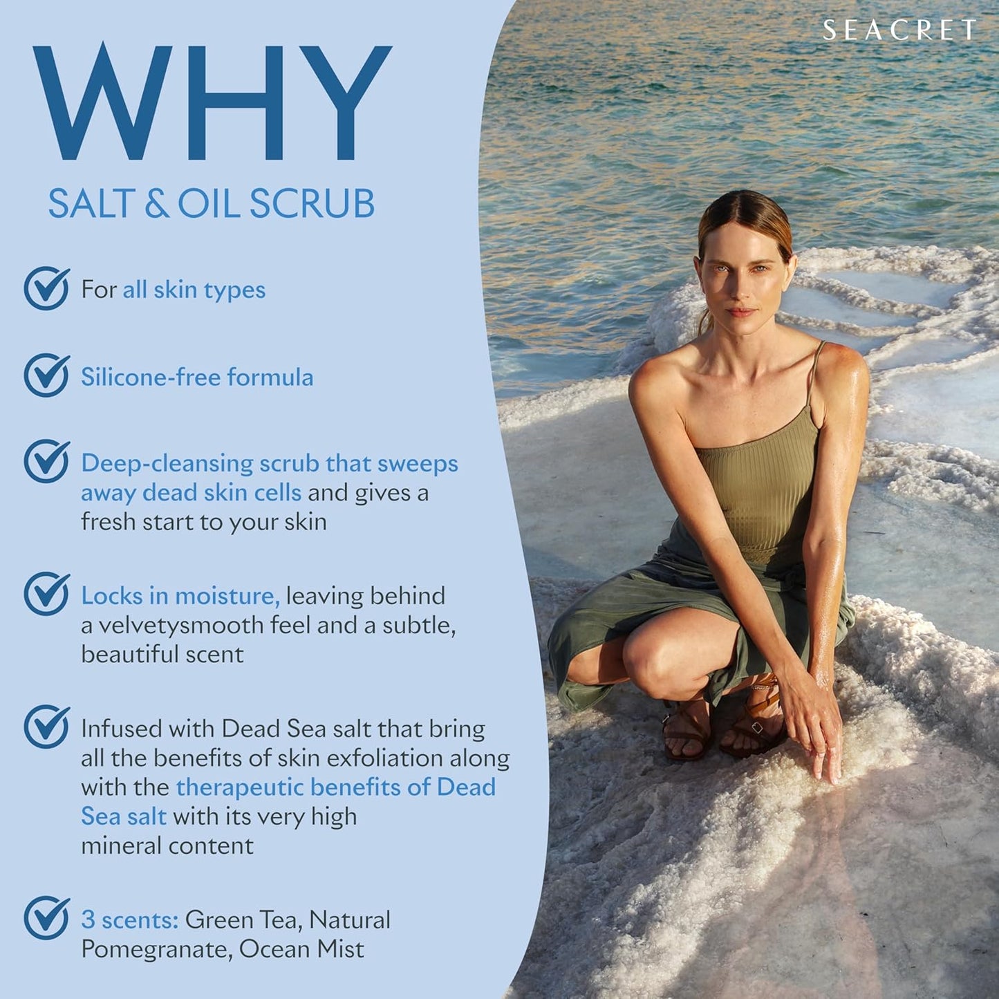 SEACRET Body Scrub - Salt & Oil Body Exfoliator with Dead Sea Minerals and Essential Oils, Scented 14.1 FL.OZ.