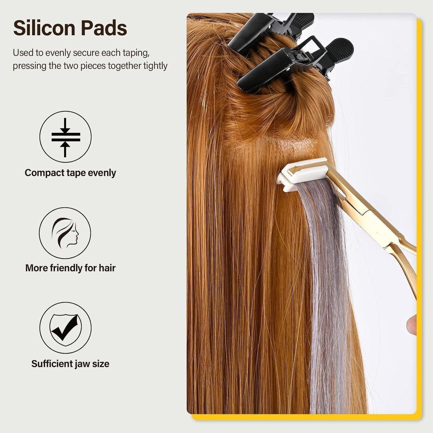 Gomake Tape in Hair Extension Tools Kit with Flat Surface Stainless Steel Tape in Hair Extensions Sealing Clamp Plier,Tape Remover Scraper Tool,Hair Clips, Human Hair Extensions Styling Tools-Gold