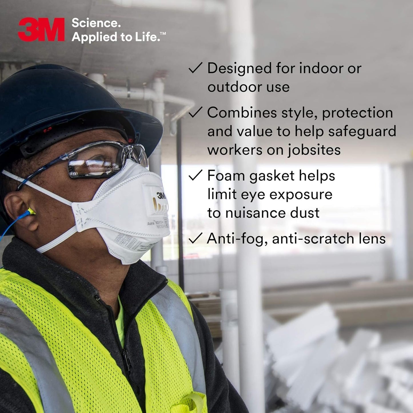 3M Safety Glasses, Virtua CCS Protective Eyewear 11872, Removable Foam Gasket, Clear Anti-Fog Lenses, Corded Ear Plug Control System