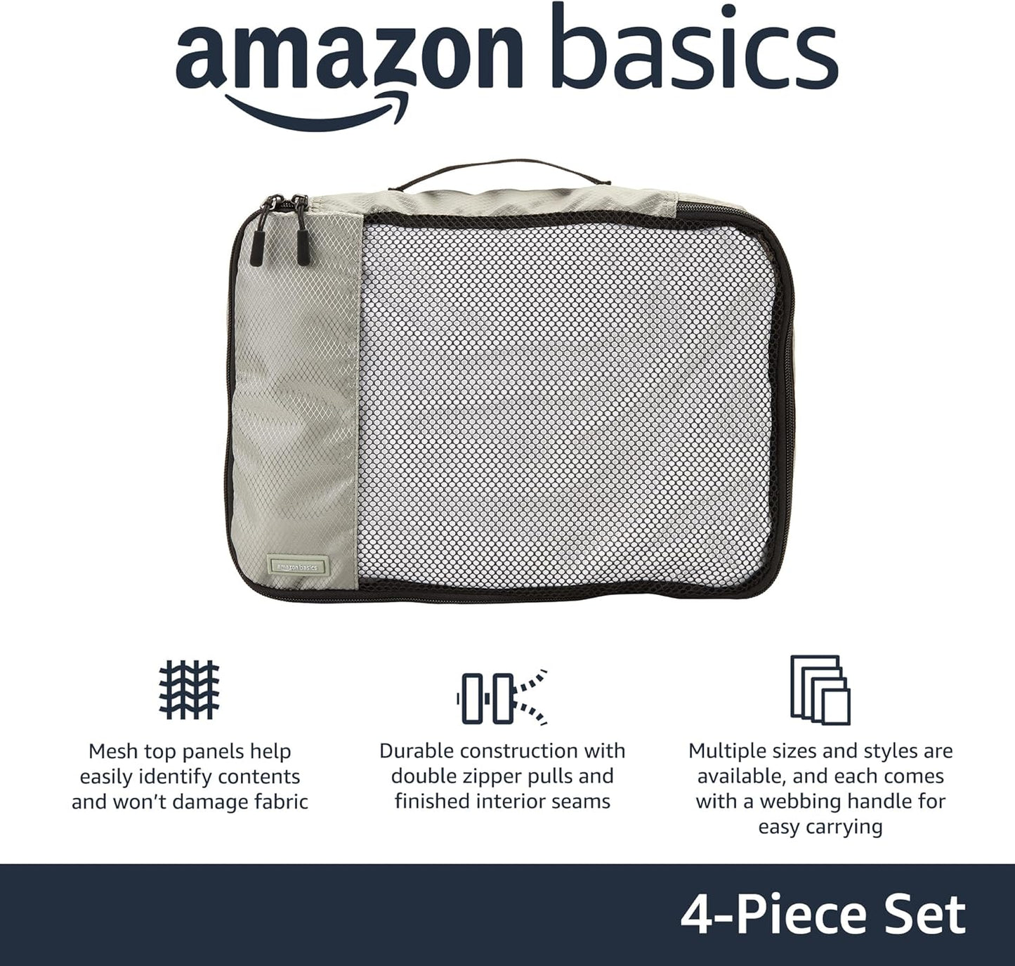 Amazon Basics Medium Packing Cubes for Travel, Packing Organizers, 4-Piece-Set With Double Zipper Pulls and Mesh Top Panel, 100% Durable Polyester, Gray, 35 x 25 x 8cm