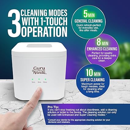 GuruNanda Retainer & Denture Cleaning Pod – Ultrasonic (45kHz) & UV Light Cleaner, 3 Modes for Retainers, Dentures, Brushes & Teeth Cushions