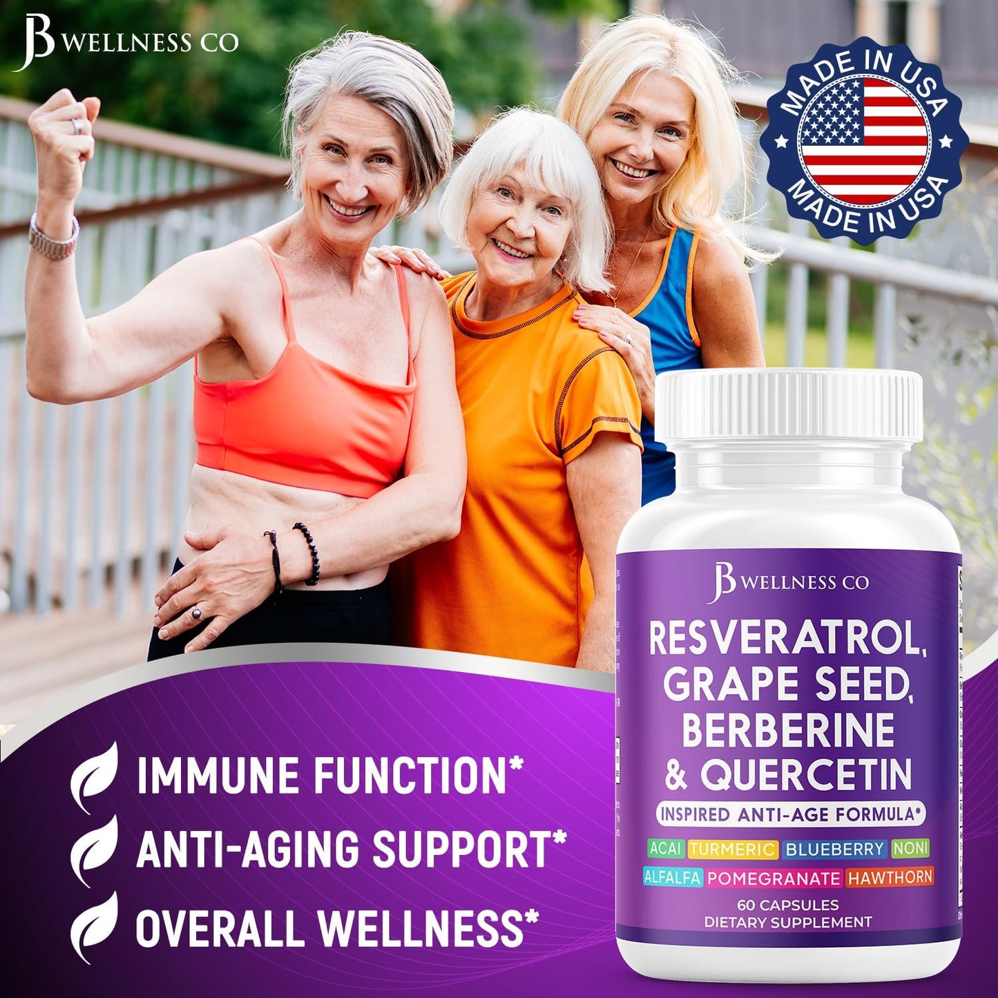 JB Wellness Resveratrol Grape Seed Extract, Berberine, Quercetin - Polyphenol Supplement for Women and Men with Noni Extract, N-Acetyl Cysteine, Acai Extract - 60 Capsules