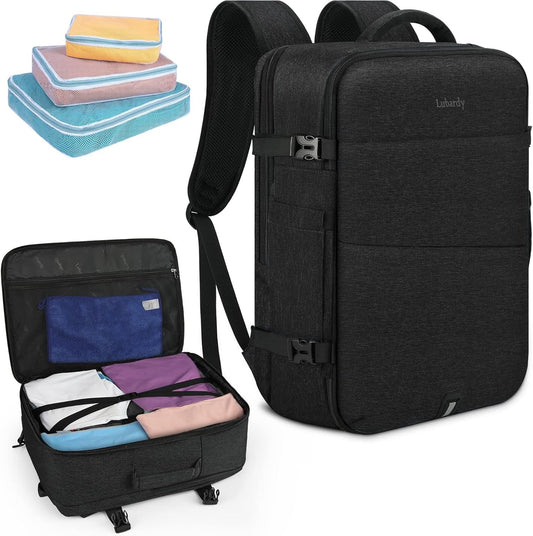 17inch Travel Laptop Backpack, Large Waterproof Travel Backpack for Men and Women, Carry On Luggage for Business School Weekender Overnight Daypack with 3 Packing Cubes, Black