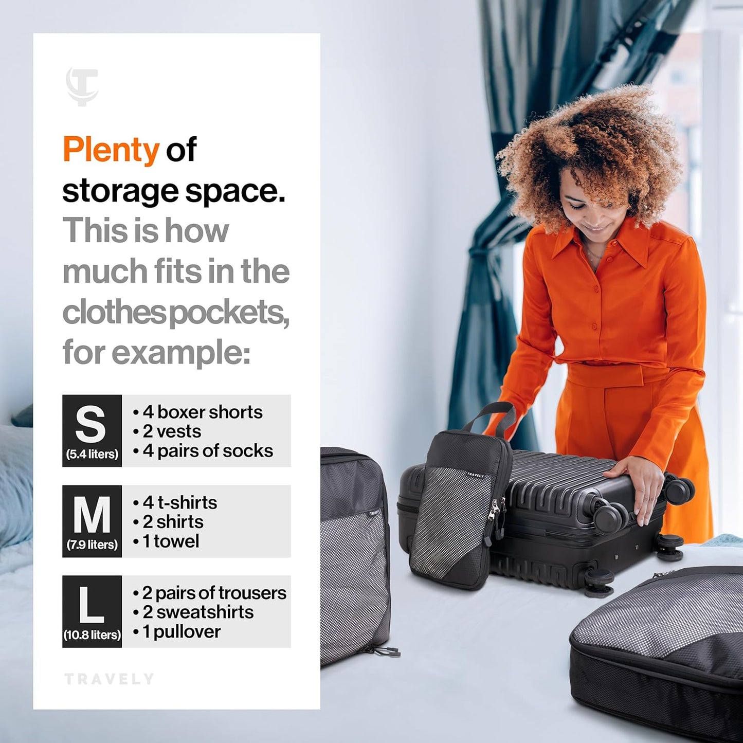 TRAVELY Packing Cube Compression - Size M - Black Polyester Packing Bag with Zipper Closure - Space-Saving Compression for Travel Organization