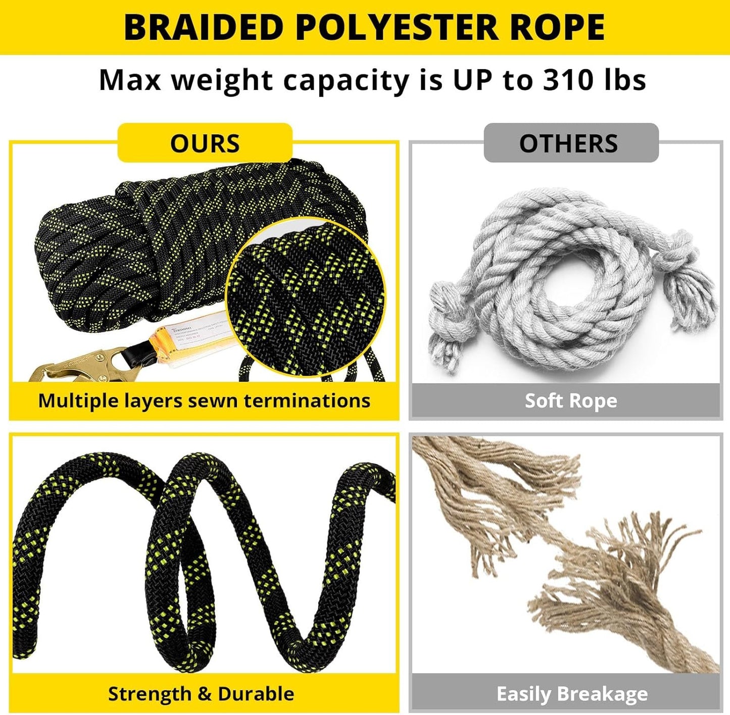 TRSMIMA Rope Harness Safety Lanyard:50ft Vertical Roofing Rope With Grab Snap Hooks Shock Absorber - Fall Protection Tree Climbing Line Kit Heavy Duty Roof Safety Equipment ANSI CE