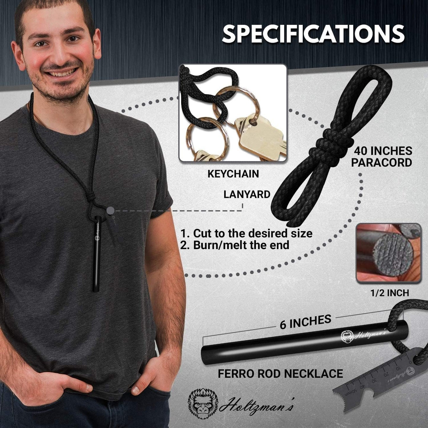 Holtzman's Gorilla Survival Holtzman's Ferro Rod | Fire Starter Heavy Duty 6-Inch x 1/2" Ferrocerium Rod Fire Starter Kit - Survival Magnesium Flint and Steel Set with Paracord & Scraper - Lightweight Emergency Camping Tool