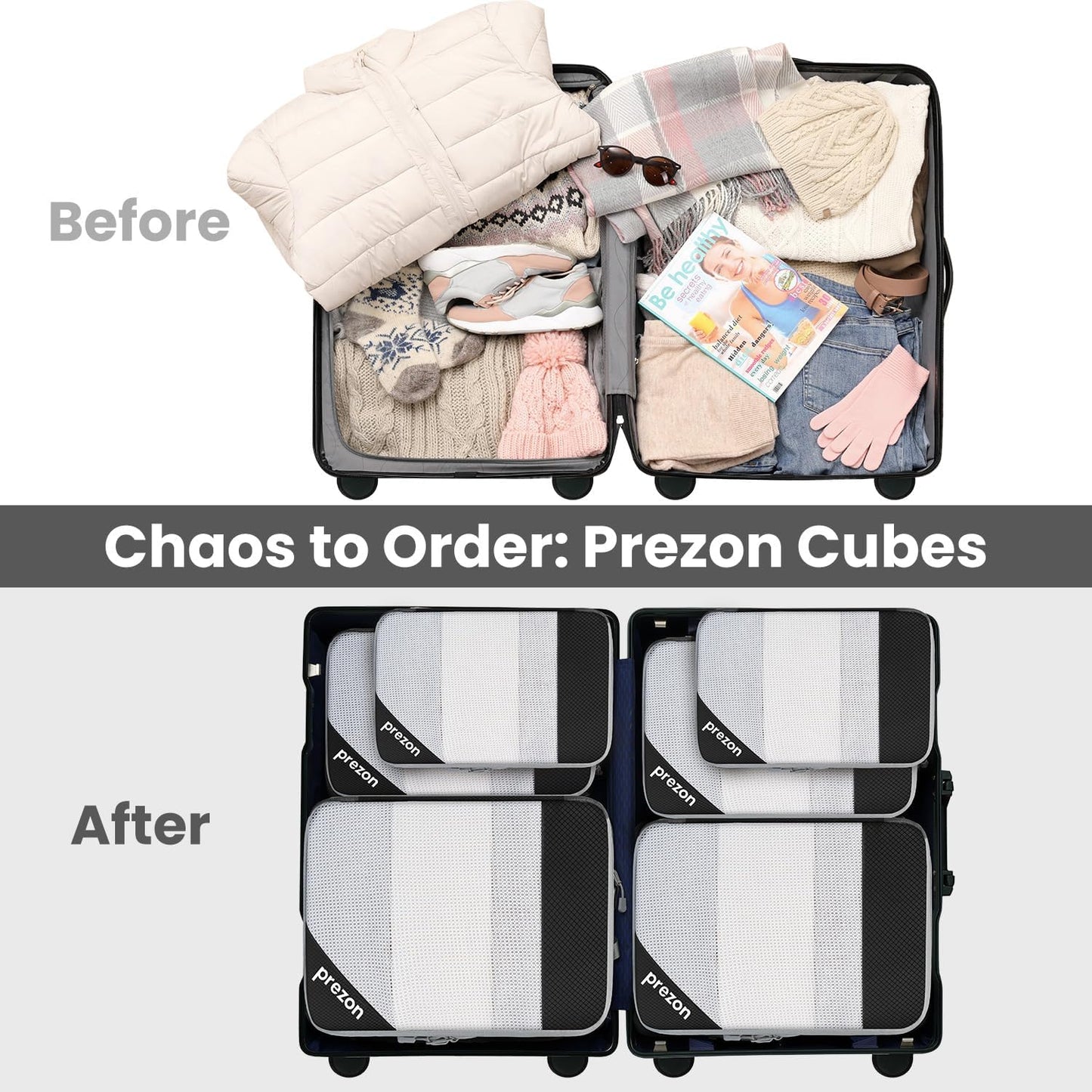 Prezon Versatile 6-Set Compression Hollow Packing Cubes, Full Open Visible Design.Space-Saving and Lightweight, Customized Cationic Material, Portable and Durable Luggage Organizer (6 Sets Black)