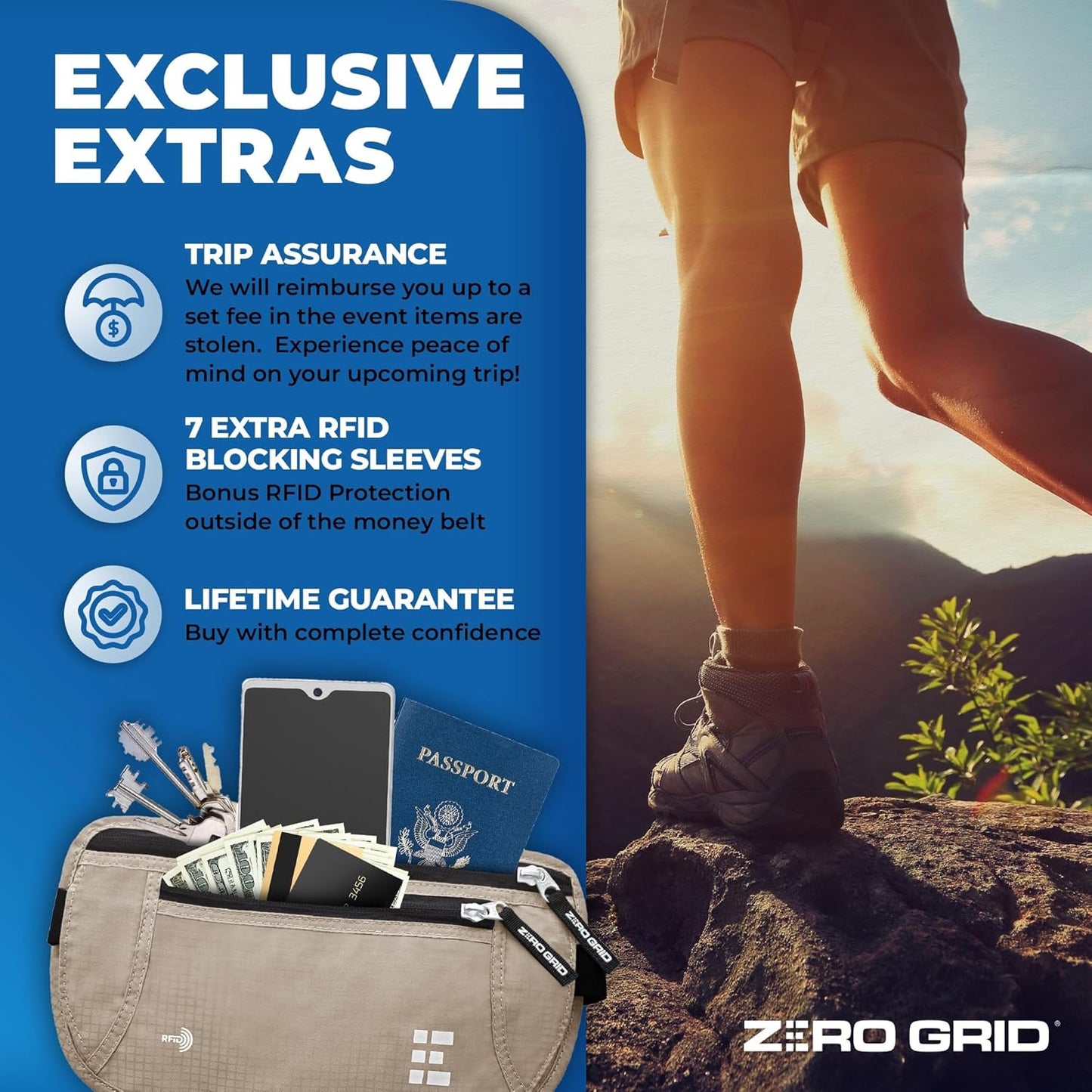 Money Belt for Secure Travel - Concealed Travel Pouch w/RFID Blocking - Secure Important Documents and Money - Durable, Water-Resistant Rip-Stop Nylon w/RFID Sleeves Set