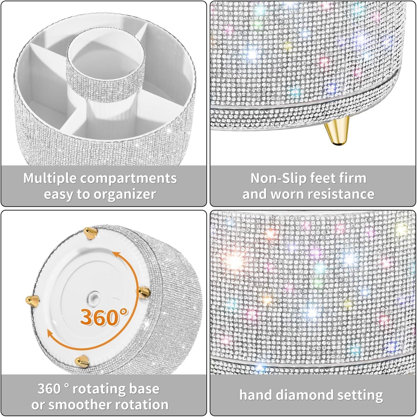 Bling Diamond Makeup Brush Holder, 360° Rotating Makeup Organizer, 5 Slot Make up Brushes Cup for Countertop, Storage for Cosmetics Pen Eyeliner Skincare on the Vanity (Diamond white)
