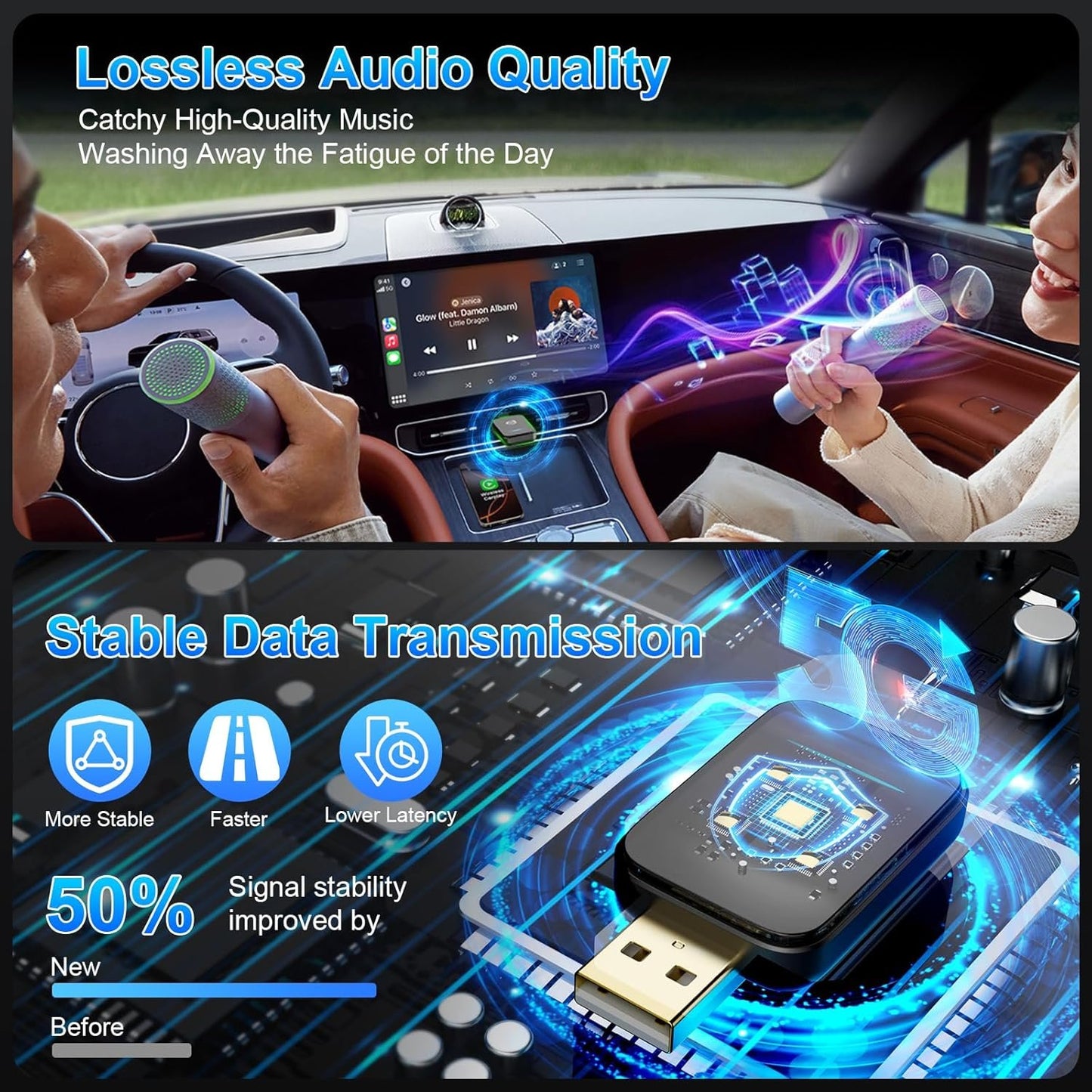 2 in 1 Wireless Carplay Adapter for iPhone, Android Auto Wireless Adpater, Plug & Play USB CarPlay Wireless Stick, Convert Wired Android Auto/Carplay to Wireless for Android 11+/iOS 10+ Phones