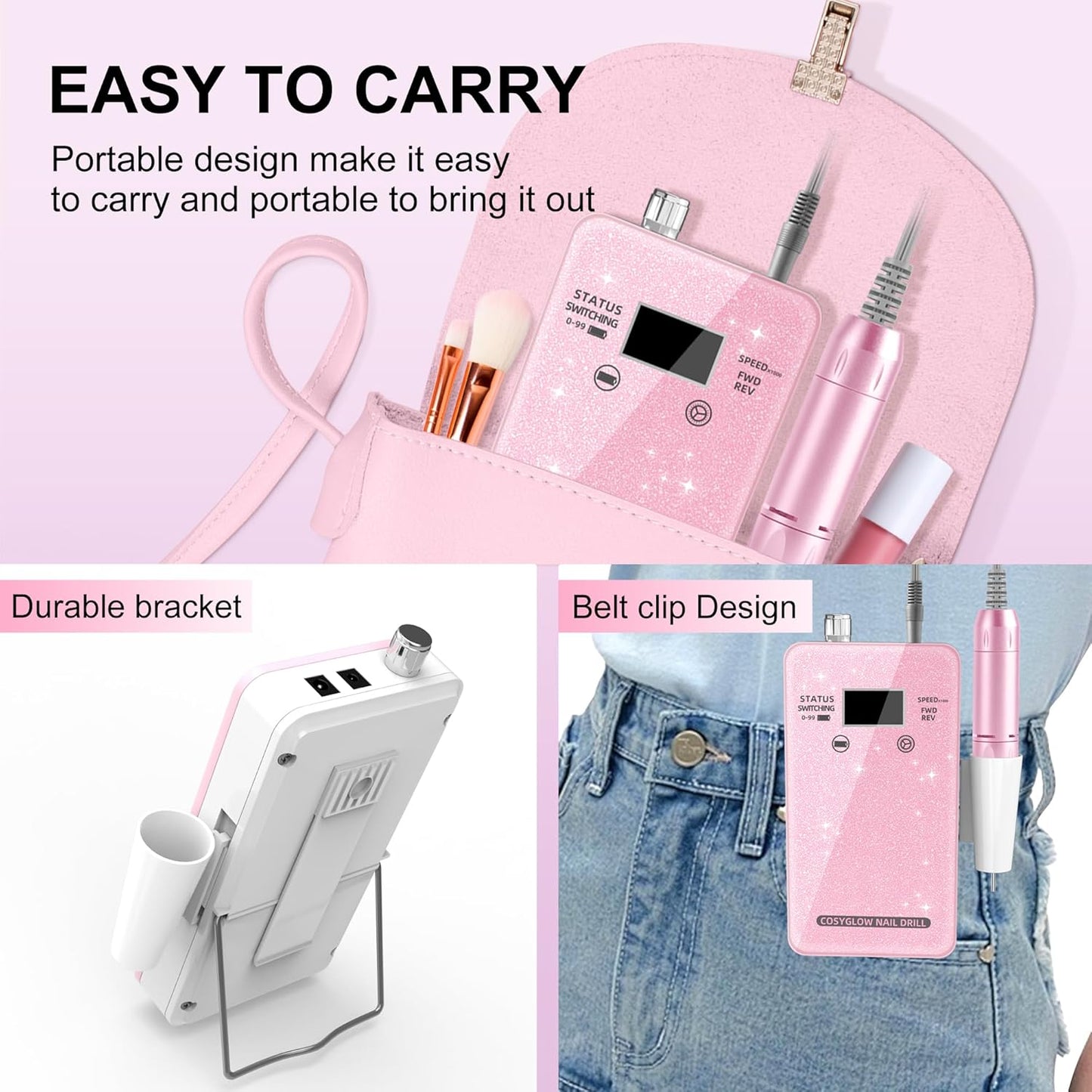 Professional Electric Nail Drill File:COSYGLOW Glitter Portable Cordless E-File Nail Drill Kit with 11 Drill Bits,30000 RPM Rechargeable Nail Drills Machine for Acrylic Nails Gel Polishing(Pink)
