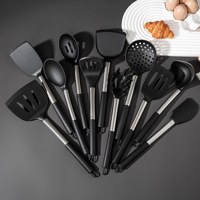 Large Silicone Kitchen Cooking Utensils Set, 11 pcs Cooking Utensils, Kitchen Tools Gadgets for Nonstick Cookware, Spatula, Turner, Masher, Ladle, Strainer, Server, BPA FREE, Dishwasher Safe (Black)