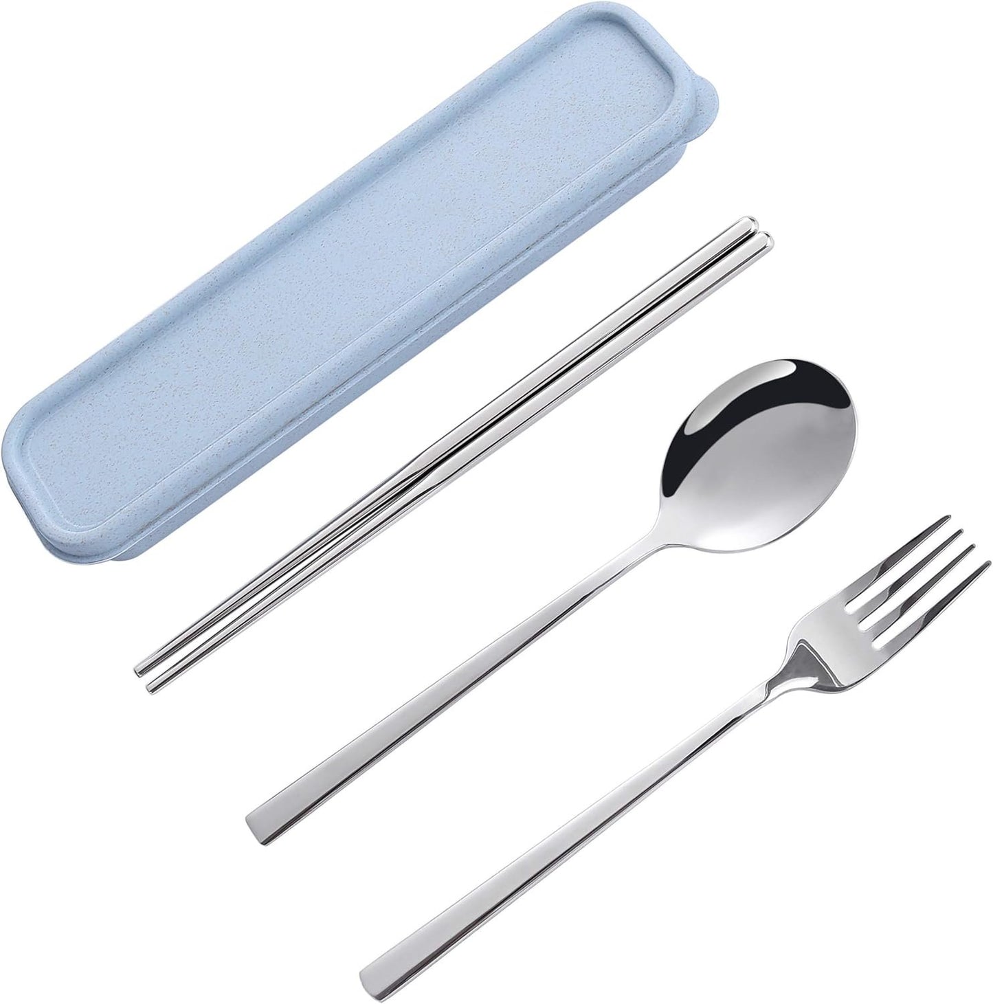 Sunwinc 3 Pcs Camping Silverware,Stainless Steel Travel Outdoor Flatware Set Chopsticks Spoon Fork/Portable Travel Work Utensils Cutlery Set with a Wheat Straw Case