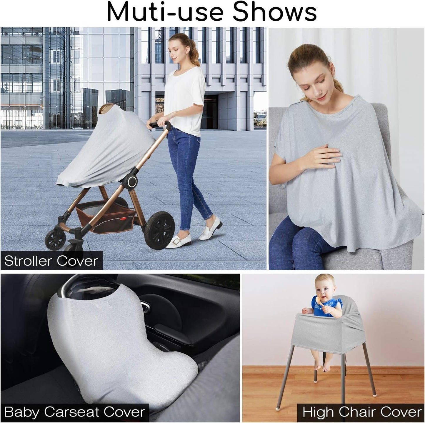 Nursing Cover & Baby Nursing Poncho,Multi Use Breastfeeding Cover for CarSeat Canopy, High Seat Cover, Stroller Cover, Shopping Cart Cover,Nursing Scarf for Boy and Girl by Kefee Kol (Grey)
