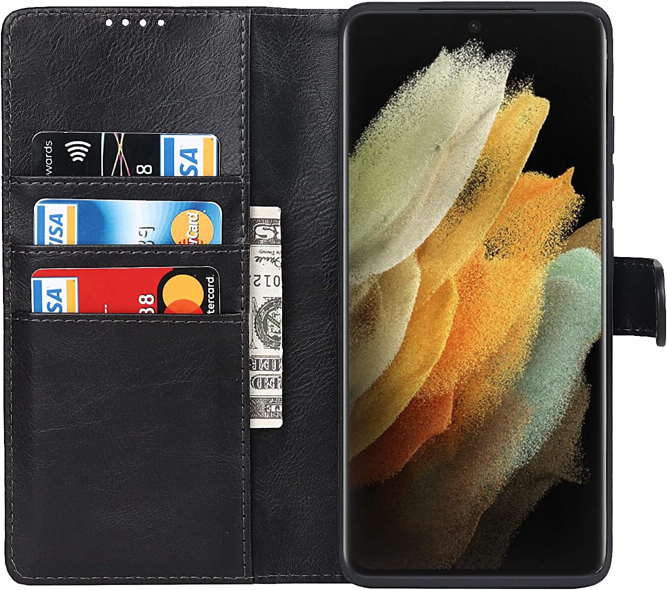 Cavor Wallet Case for Samsung Galaxy S21 Ultra 5G Case Crazy Horse Leather Flip Cover with S-Pen Pocket/S Pen Holder and Kickstand Card Slots Shockproof Protective Phone Cases-Black