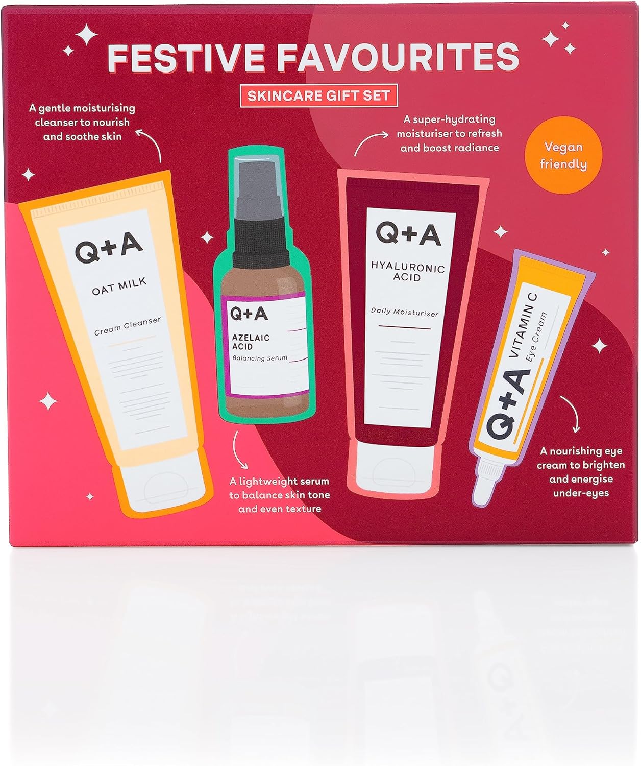 Q+A Festive Favourites Skincare Gift Set with Hyaluronic Acid Moisturising Cream, Cleanser Cream, Azelaic Acid Serum and Eye Contour Serum