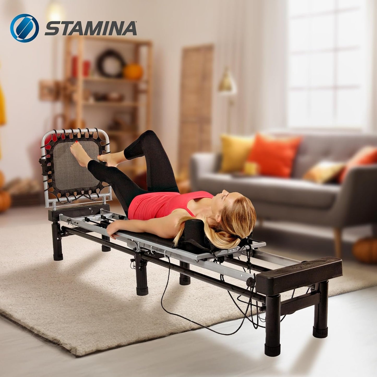 Stamina Products AeroPilates Reformer 651 Whole Body Resistance Pilates Workout Board Machine for Home Gym w/ 10 Inch Stand & Foldable Frame w/ Wheels