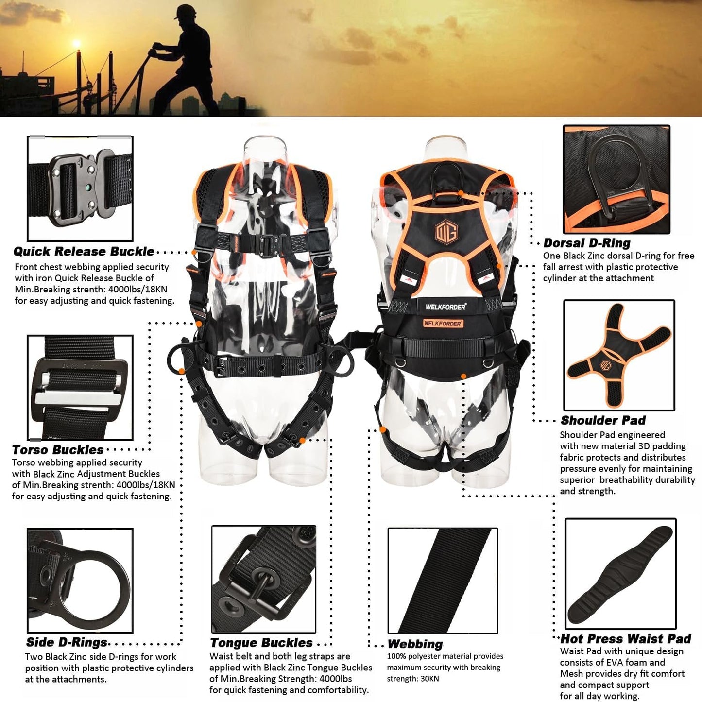 WELKFORDER 3 D-Rings Premium Industrial Fall Protection Safety Harness Iron Torso Adjustment Buckles, Iron Quick Release Buckles | Waist & Shoulder Pad Support CSA&ANSI Compliant Full Body PPE