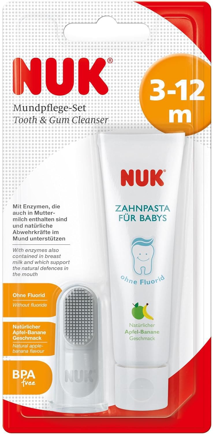 NUK 10256396 Children's Oral Care Set Including Apple Banana Toothpaste and Finger Toothbrush BPA Free