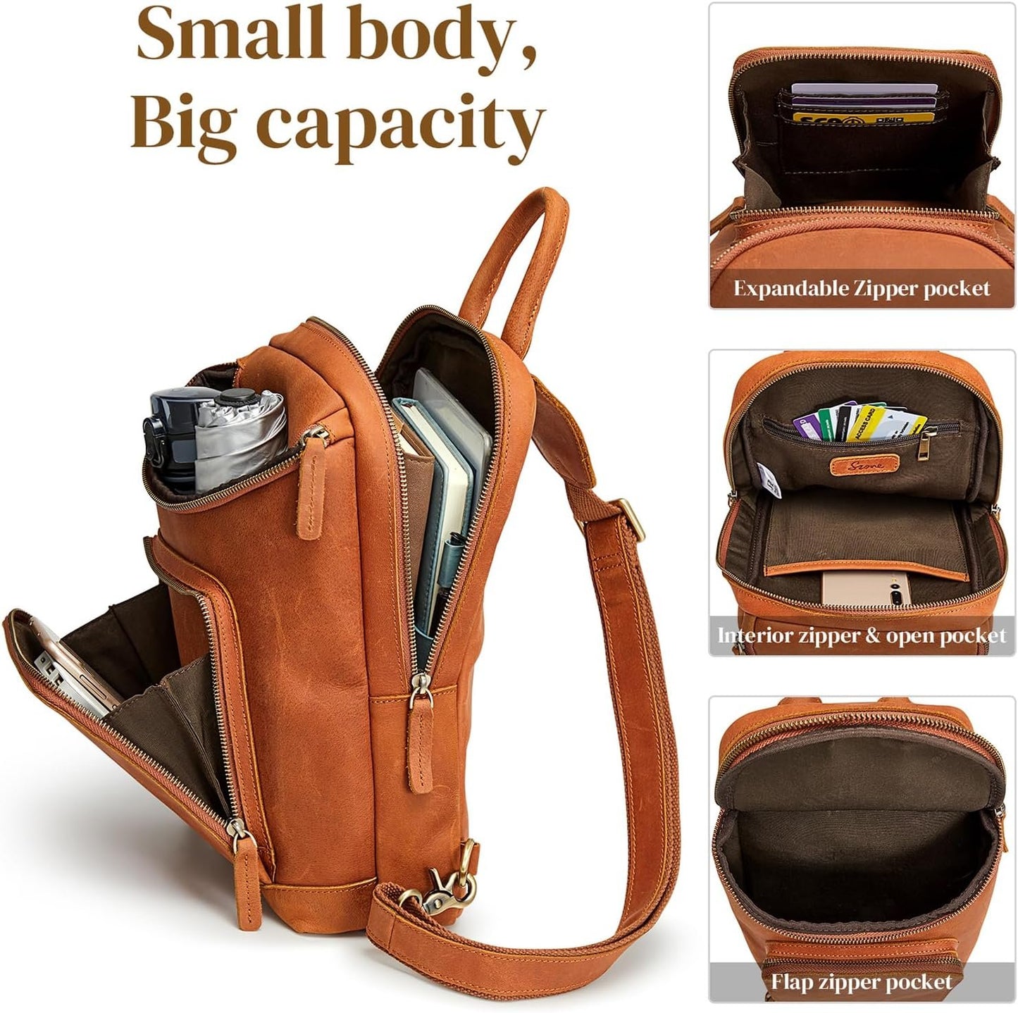 S-ZONE Sling Bag for Women Men Genuine Leather Vintage Crossbody Chest Bags Backpack Daypack Outdoor Travel