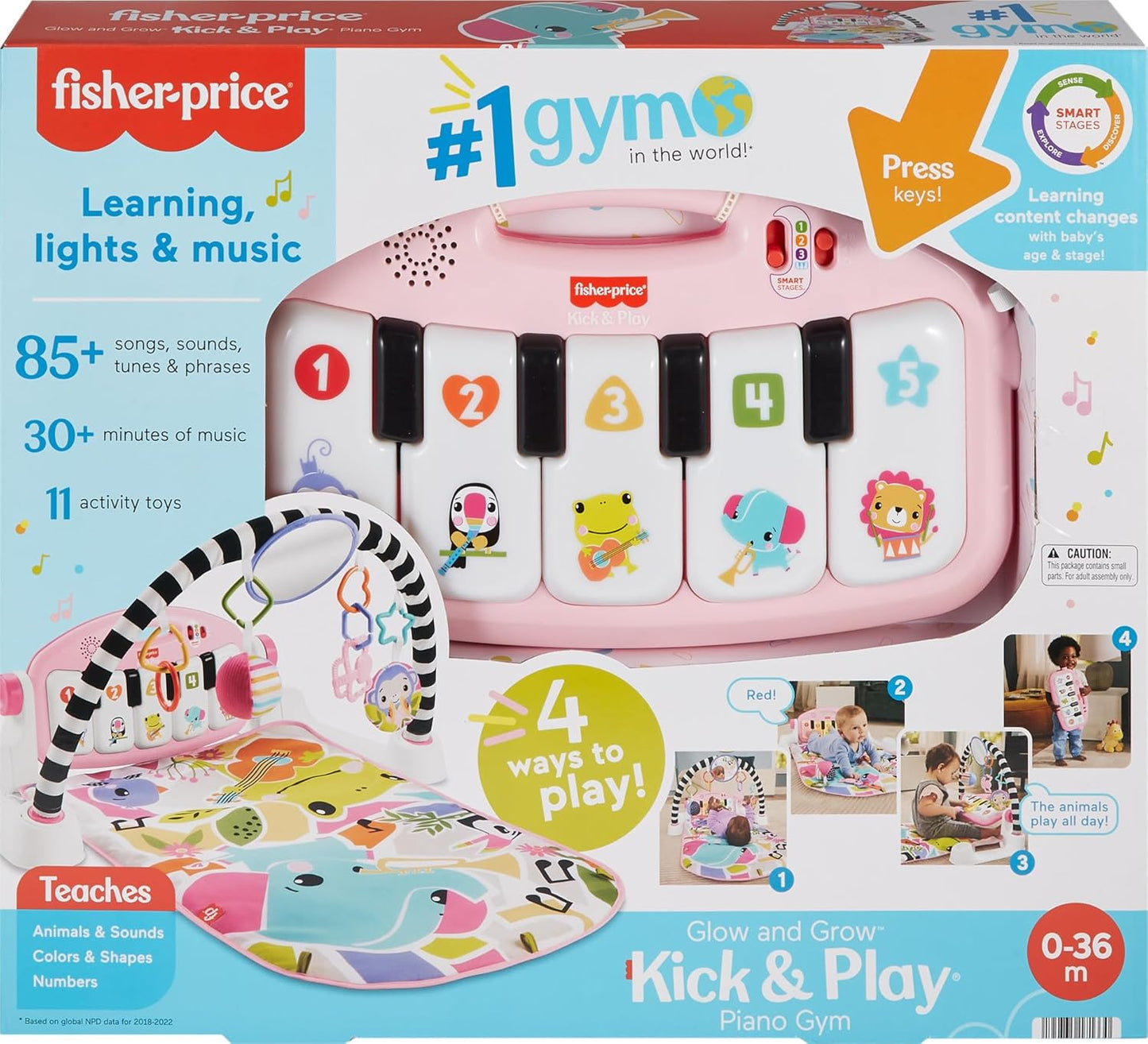 Fisher-Price Baby Activity Mat Glow and Grow Kick & Play Piano Gym, Portable Musical Toy with Smart Stages Learning, Ages 0+ Months, Pink, Queens English Version