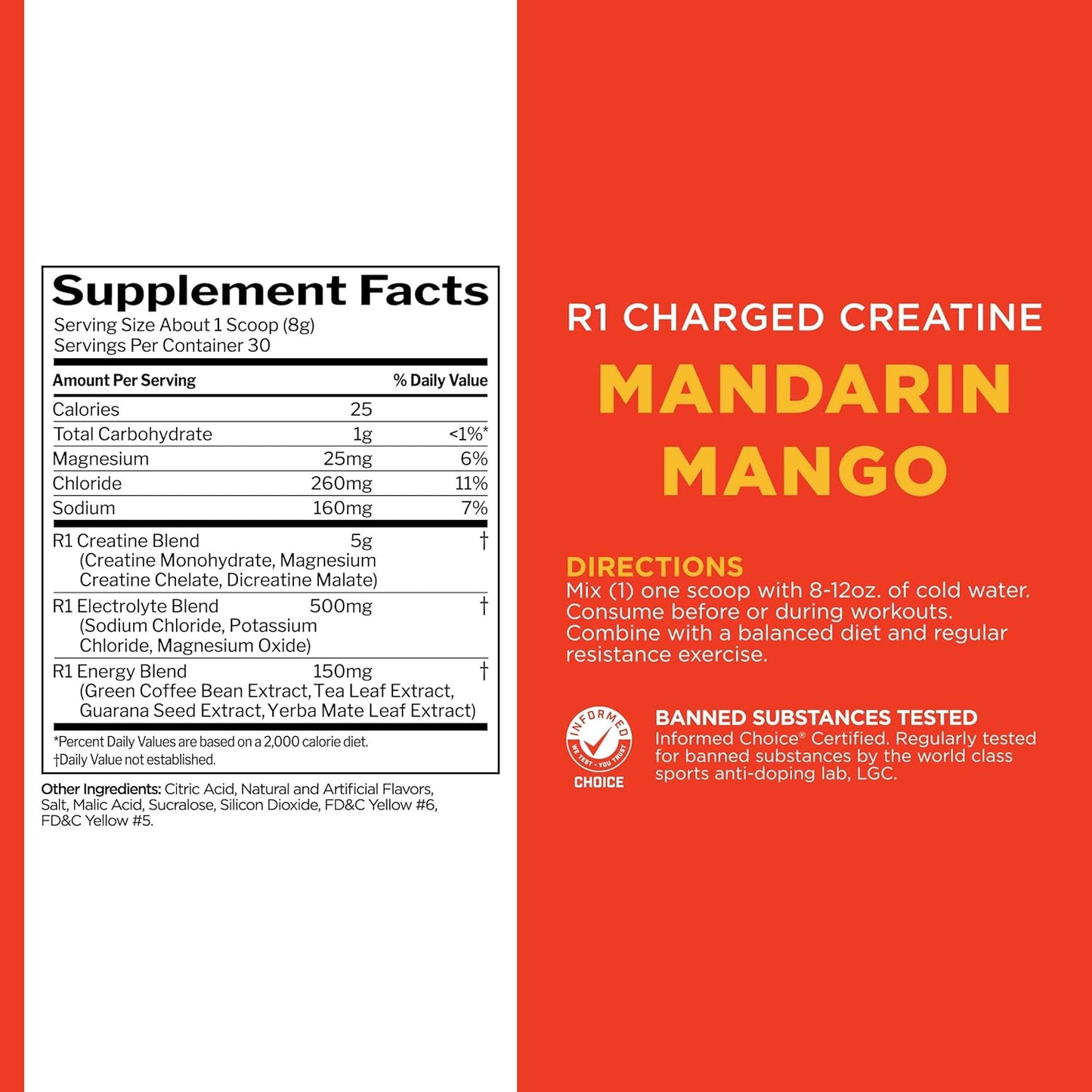 Rule1 R1 Charged Creatine Energy & Performance Support Supplement 240 g, Mandarin Mango (30 Servings)